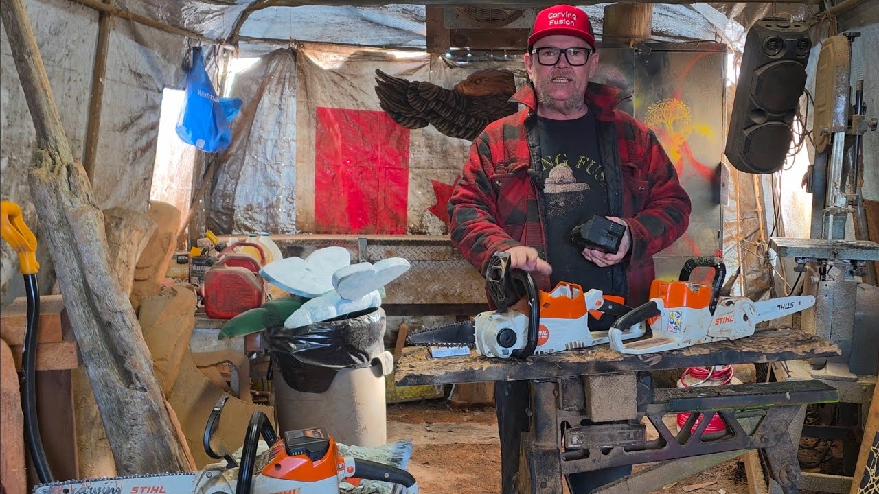 Stihl battery powered chainsaws. MSA-70 Chainsaw carving.