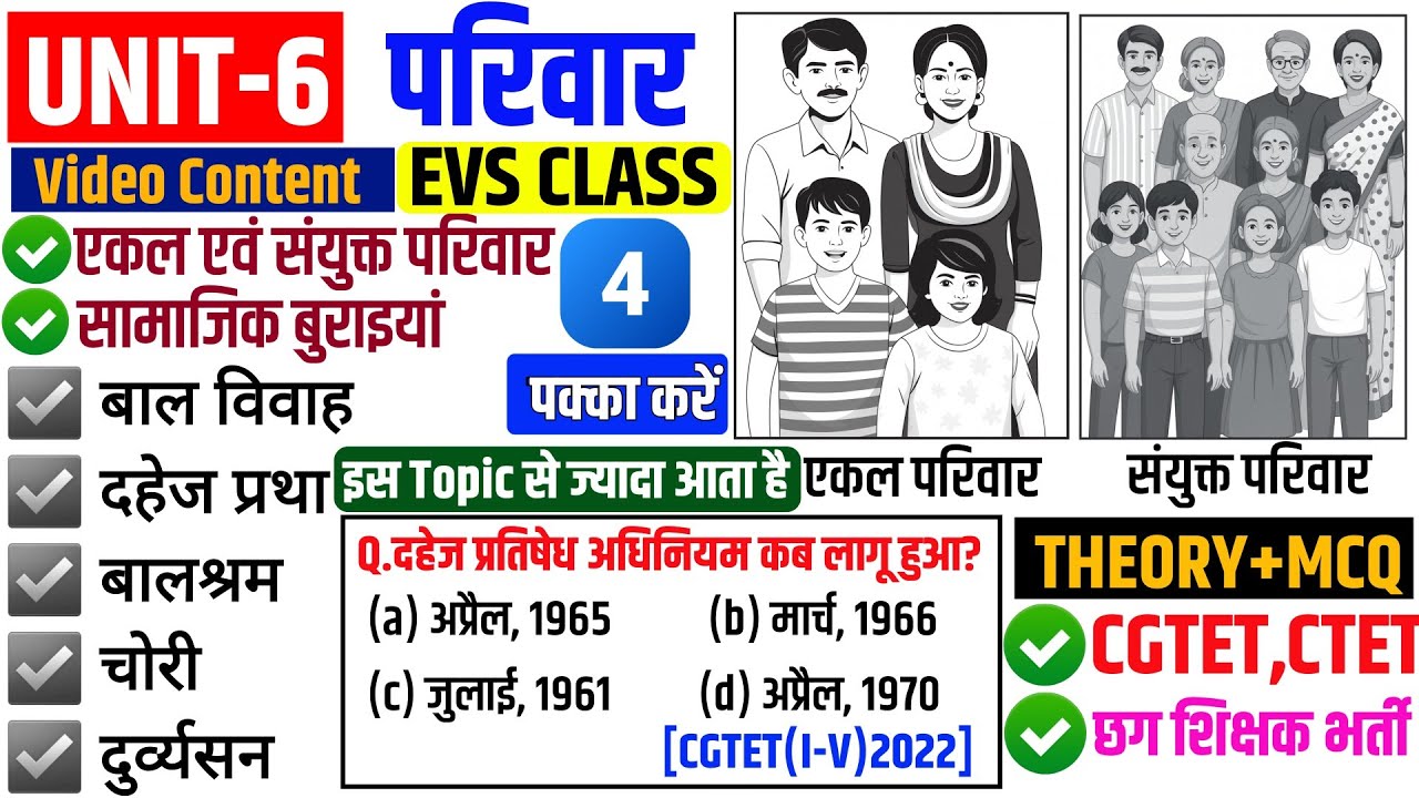 परिवार (Family) | EVS UNIT-6 |सामाजिक बुराइयाँ-बाल विवाह, दहेज प्रथा, बालश्रम | CGTET | CTET |
