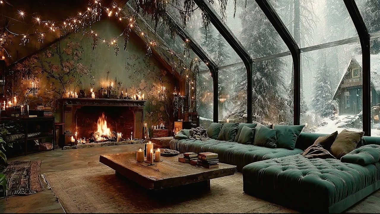 Cottagecore Winter Ambience 🕯️ Green Velvet Room & Fireplace Sounds