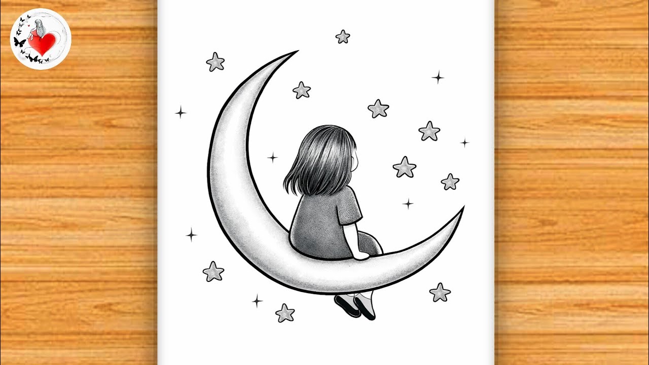 How to draw a girl sitting on the moon||Girl sitting on the moon || pencil sketch drawing (easy)Art