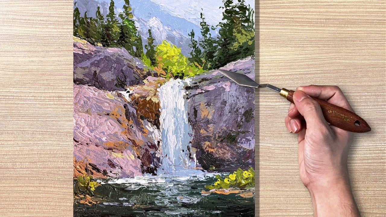 Palette Knife Acrylic Painting l Waterfall Landscape
