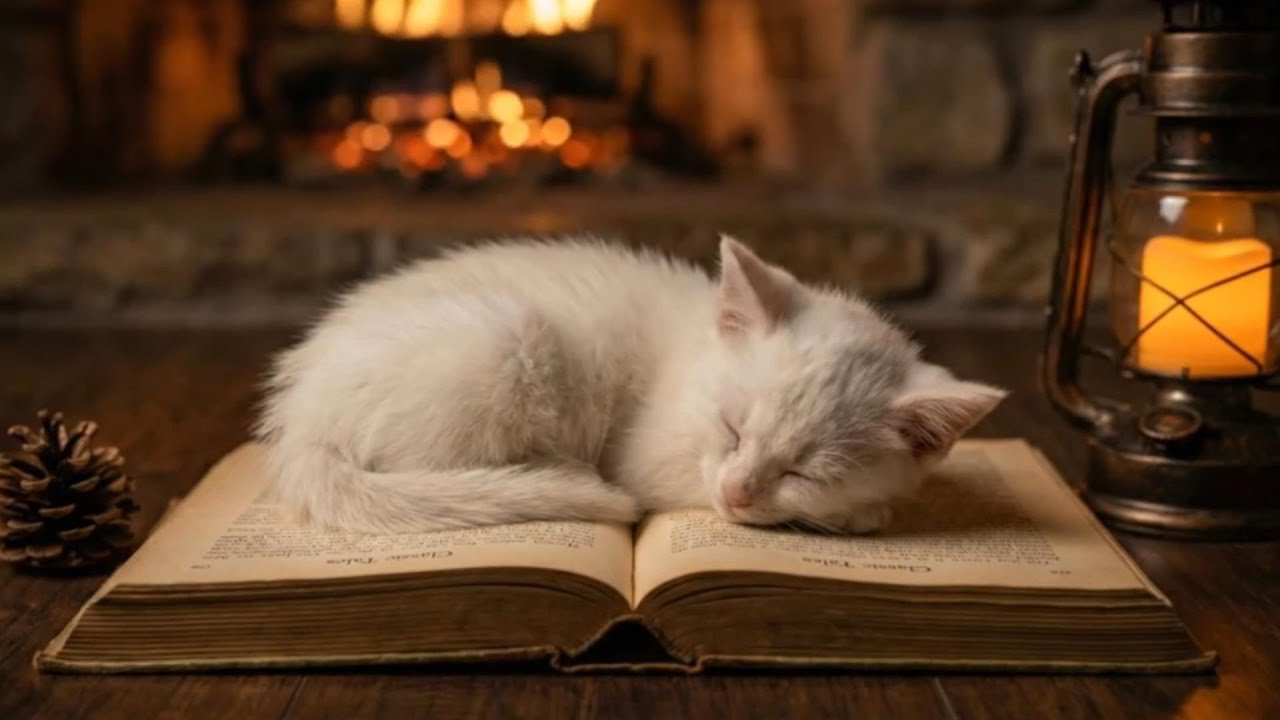 Tiny Kitten Fell Asleep on a Book by the Fireplace… and It’s Pure Relaxation.