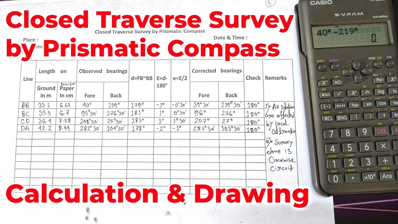 Closed Traverse Survey Calculation & Drawing by Prismatic Compass