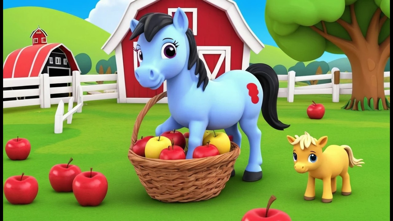 Le poney porte un panier de pommes