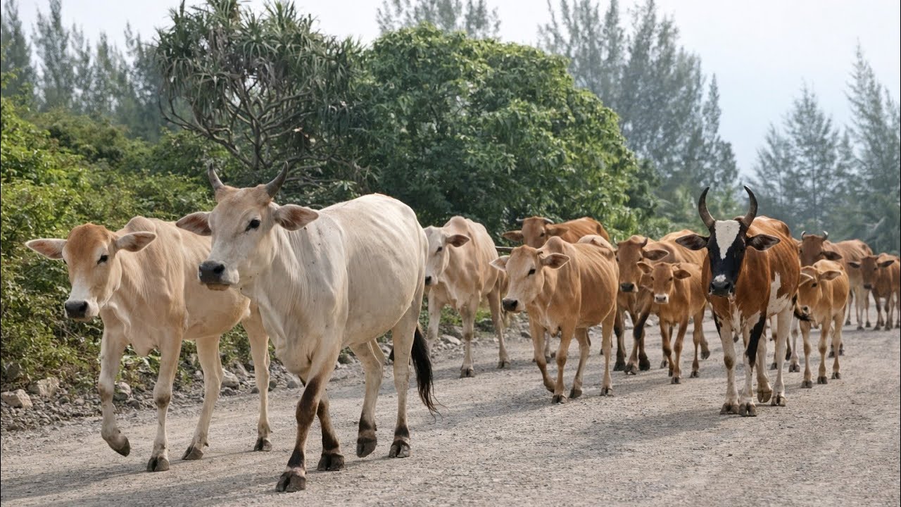 mengembala sapi lembu jinak sedang mencari makan di sekitar peternakannya