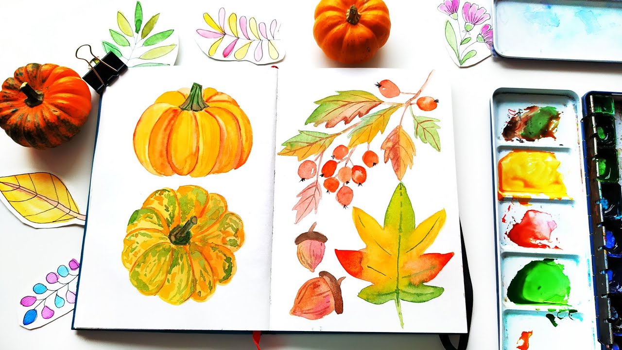 Watercolor Pumpkins And Fall Leaves Painting Tutorial - Autumn Sketch 2020