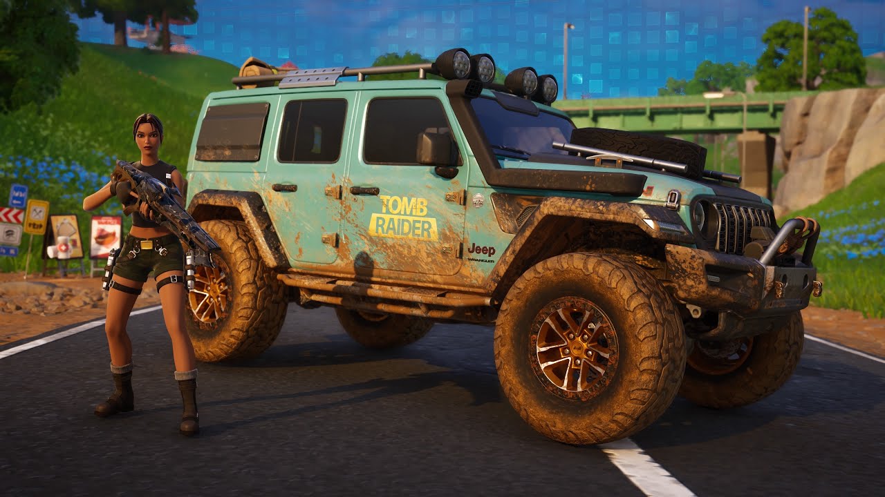 Lara Croft (2000s) with Jeep Wrangler Rubicon | Fortnite CH6S3 Showcase Gameplay