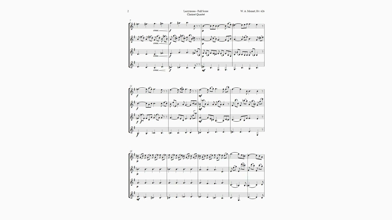 Lacrymosa by Mozart for Clarinet Quartet | SHEET MUSIC