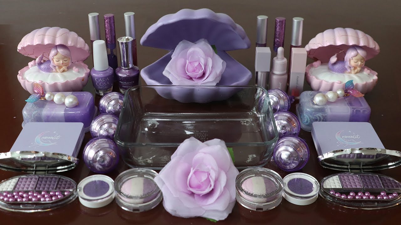 Mixing”Lavender Seashell” Eyeshadow and Makeup,parts,glitterInto Slime!Satisfying Slime Video!★ASMR★