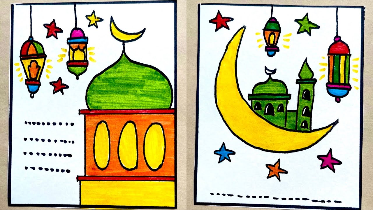 Islamiat Front Page Design | Ramadan Mosque Moon and Lantern Drawing for Project | Islamyat Project 