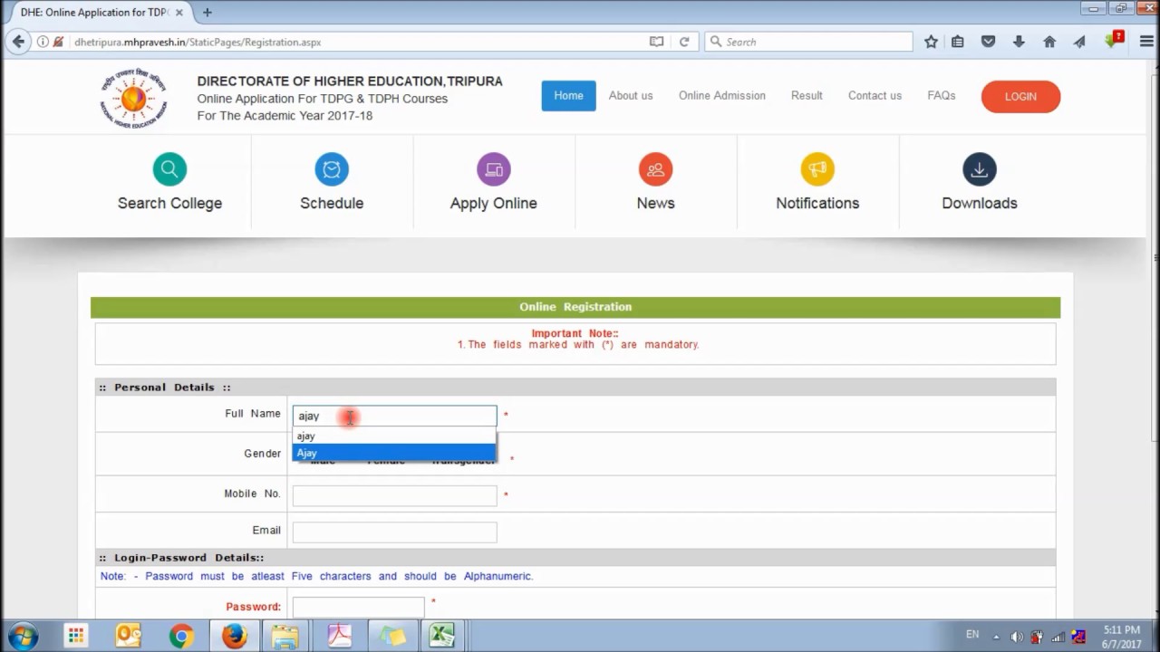 DHE Tripura- Registration Process on DHE Admission Portal