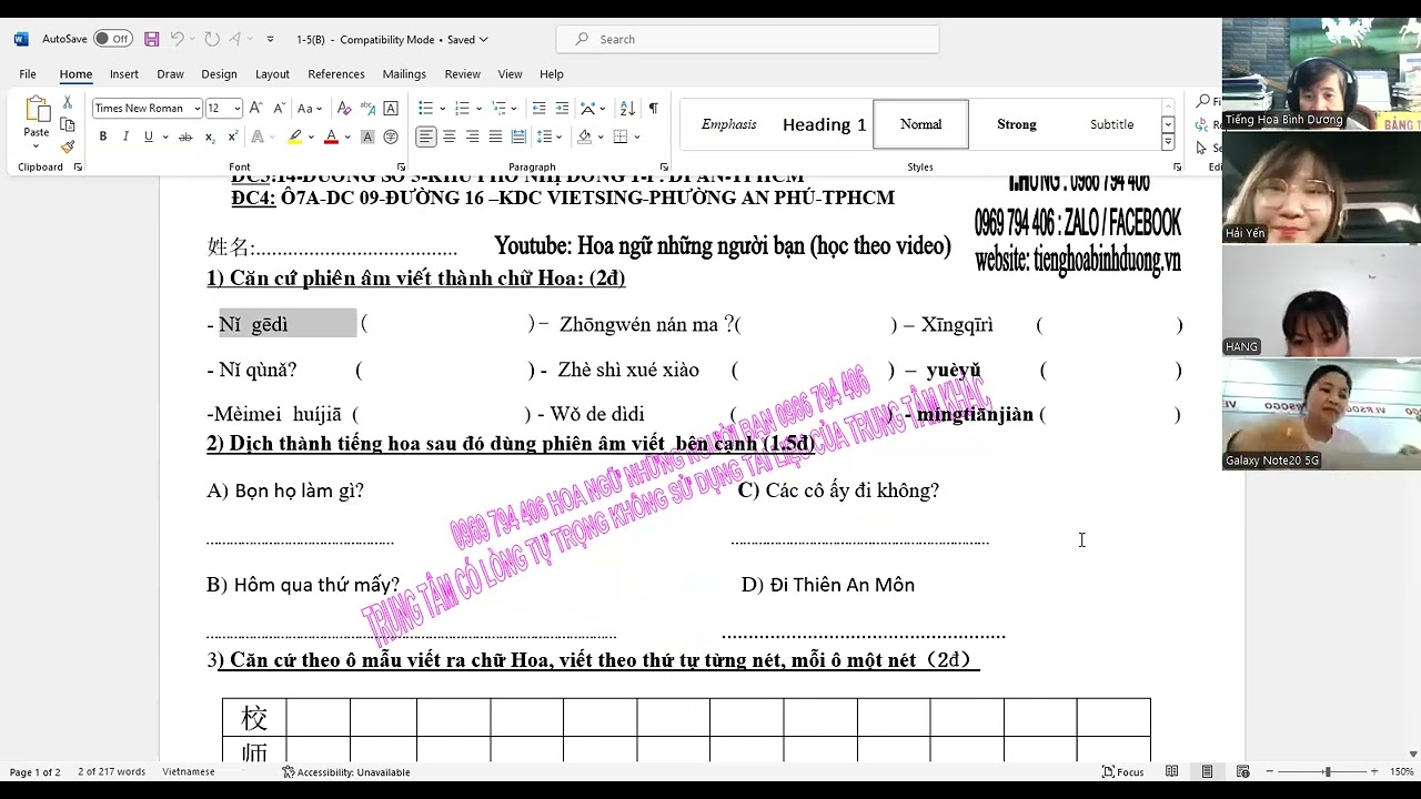 Tiếng trung online cho người bận rộn, sửa bài 1- 5B, hsk1