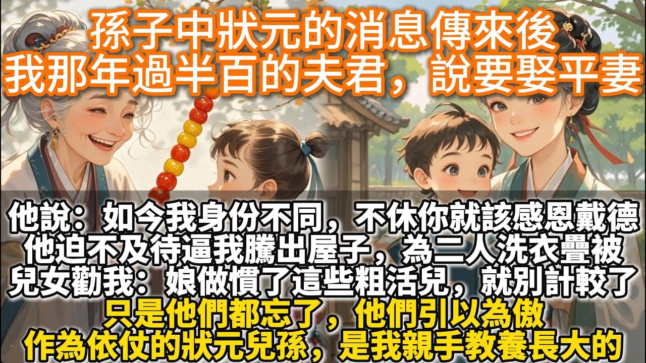 完結好能隱忍大女主文：孫子中狀元的消息傳來後，我那年過半百的夫君，說要娶平妻。他說：如今我身份不同，不休你就該感恩戴德。他迫不及待逼我騰出屋子，為二人洗衣疊被。兒女勸我：娘做慣了這些粗活兒，就別計較了