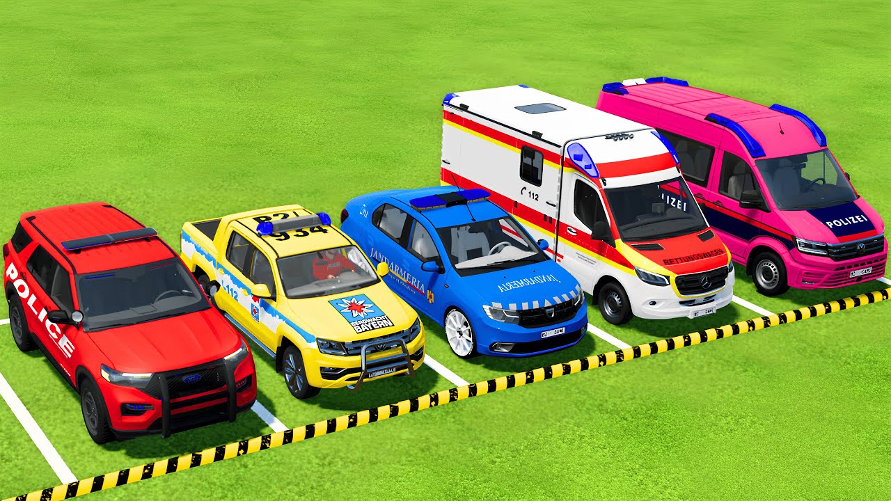 TRANSPORTING ALL POLICE CARS & AMBULANCE EMERGENCY VEHICLES WITH MAN TRUCKS ! Farming Simulator 25