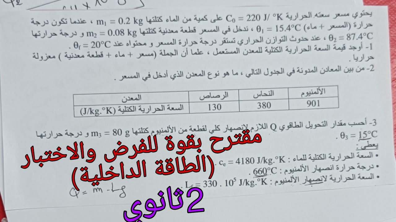 مقترح بقوة للفرض والاختبار الفصل الثاني في الفيزياء للسنة الثانية ثانوي حول الطاقة الداخلية