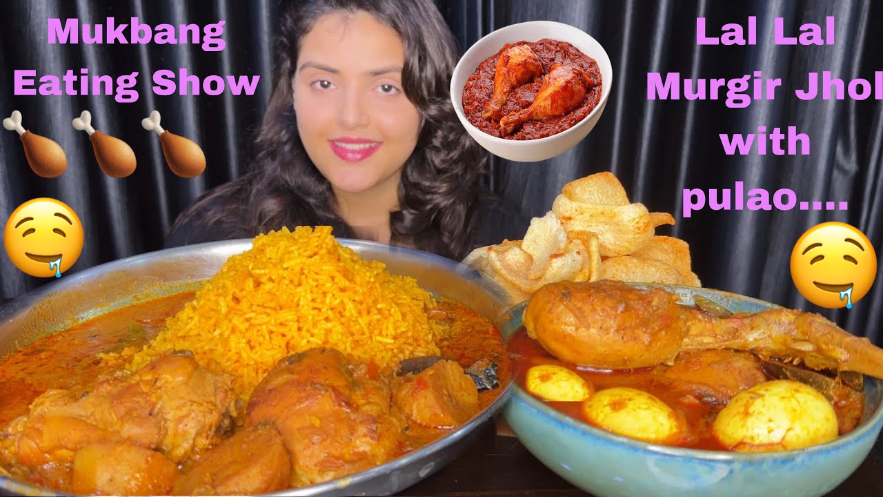 Eating Chicken Dak bungalow, Basanti Pulao | Lal Lal Murgir Jhol | Big Bites | Mukbang | ASMR