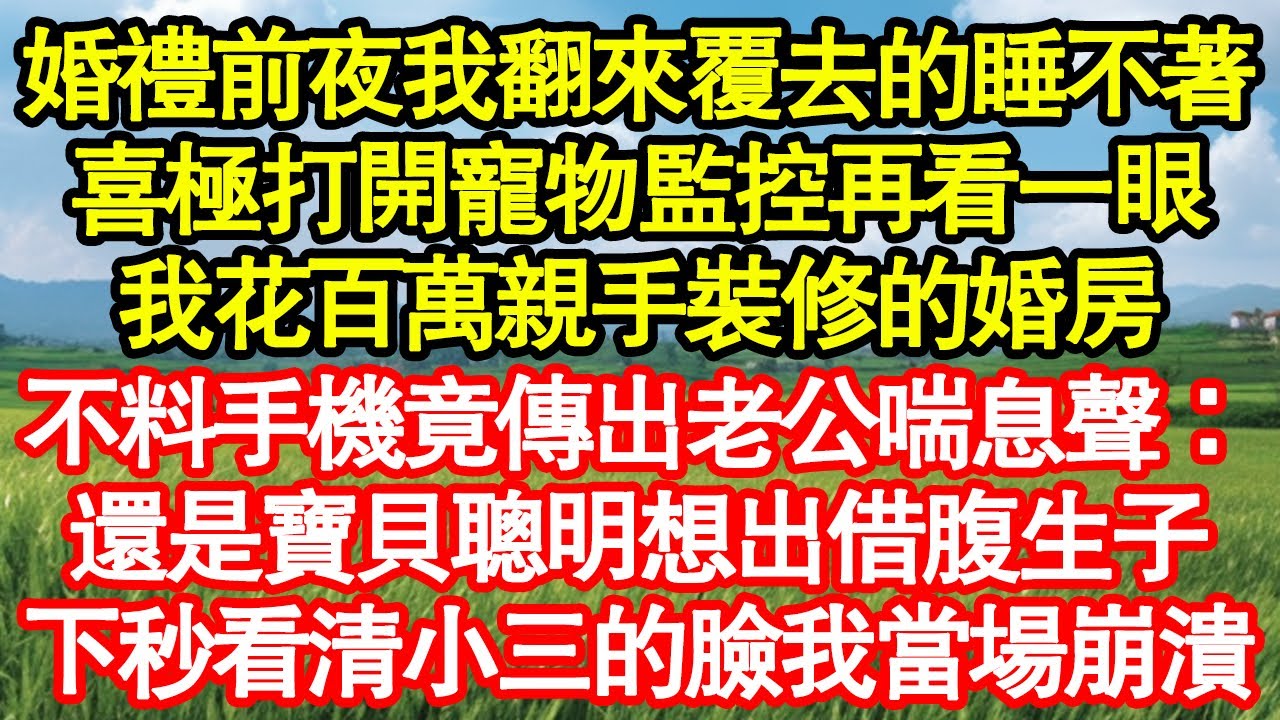 婚禮前夜我翻來覆去的睡不著，喜極打開寵物監控再看一眼，我花百萬親手裝修的婚房，不料手機竟傳出老公喘息聲：還是寶貝聰明想出借腹生子，下秒看清小三的臉我當場崩潰真情故事會||老年故事||情感需求||愛情