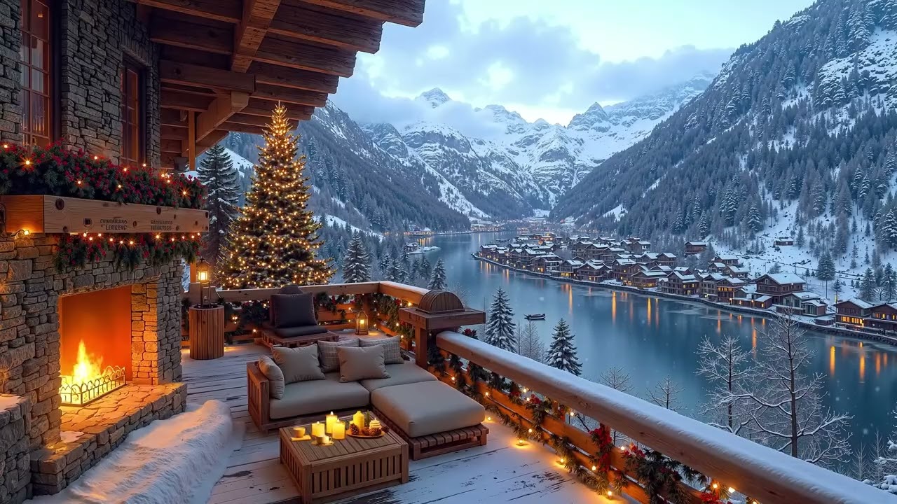 Cozy Winter Vibes Smooth Jazz, Snowfall, and Fireplace Glow on the Terrace for a Perfect Christmas