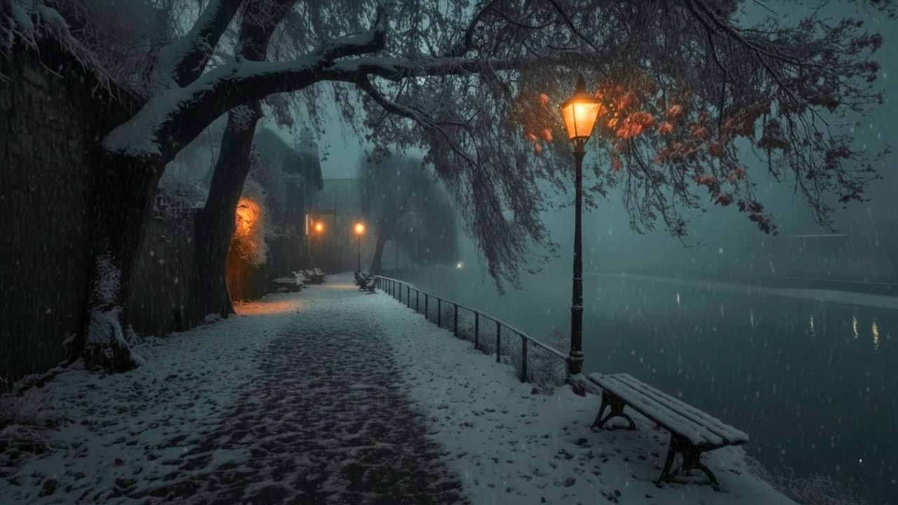 “The Lantern Path by the Silent River” — A Snowy Walk for Study & Focus | Dark Academia