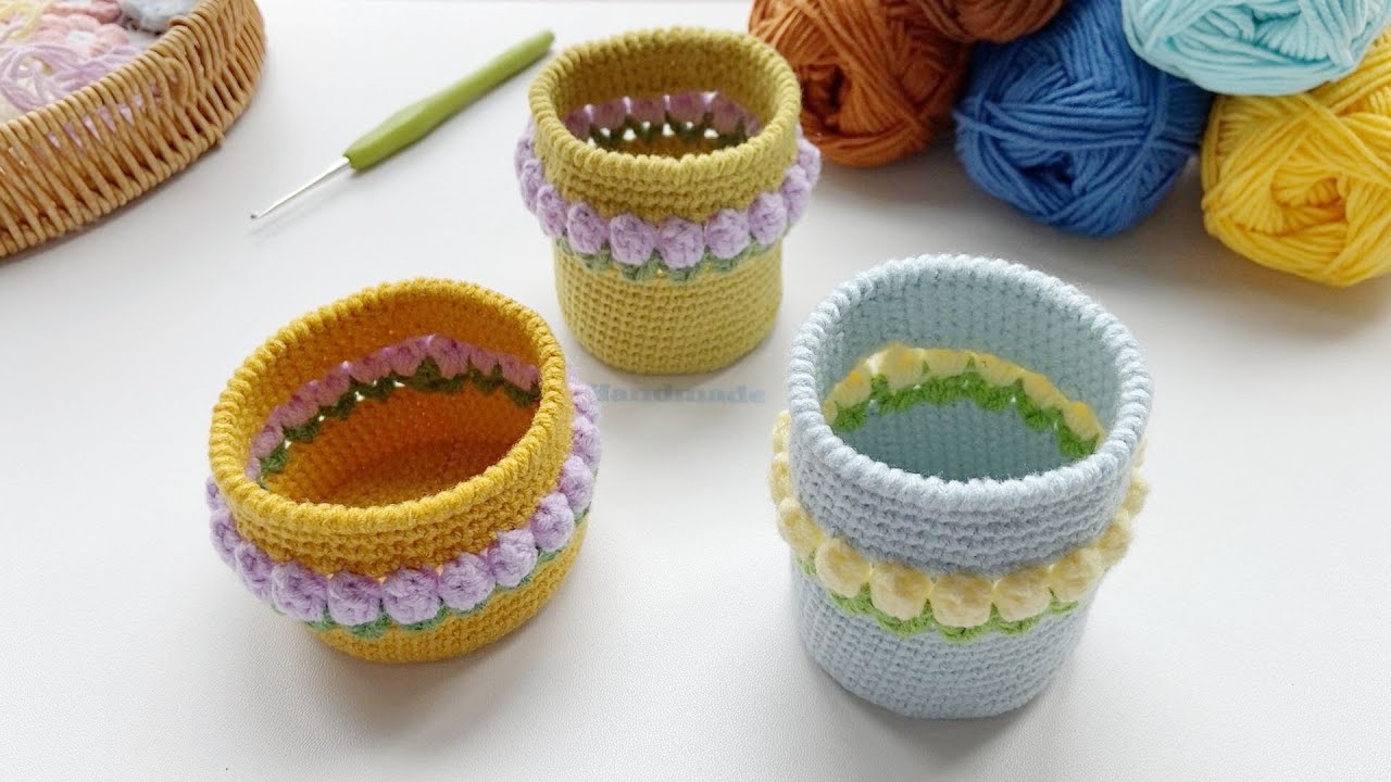 How to Crochet Tulip pen container, Storage box｜Flower containers Crochet Tutorial
