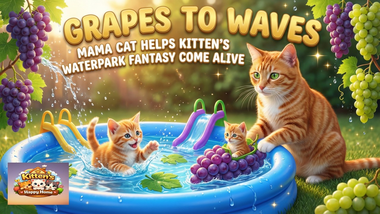 Grapes to Waves: Mama Cat Helps Kitten’s Waterpark Fantasy Come Alive 🍇💦🐾