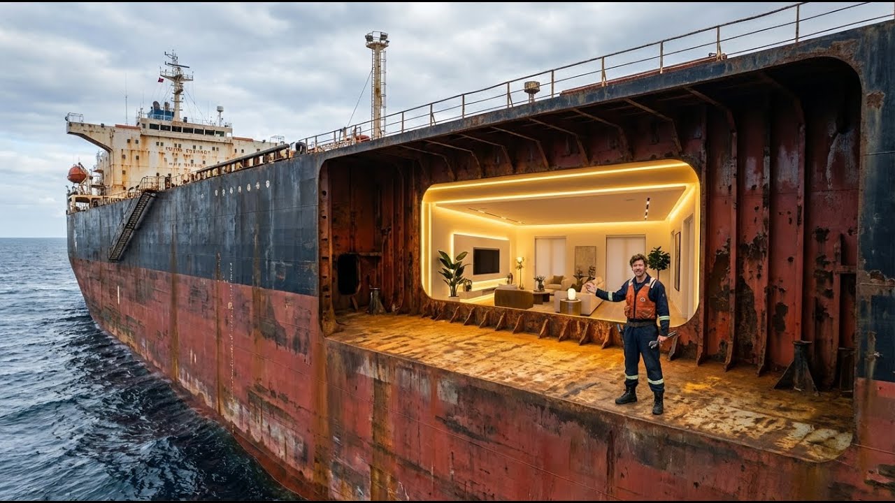 He Built a SECRET House in na Abandoned Oil Tanker Ship In the Middle of the SEA | Off Grid ASMR