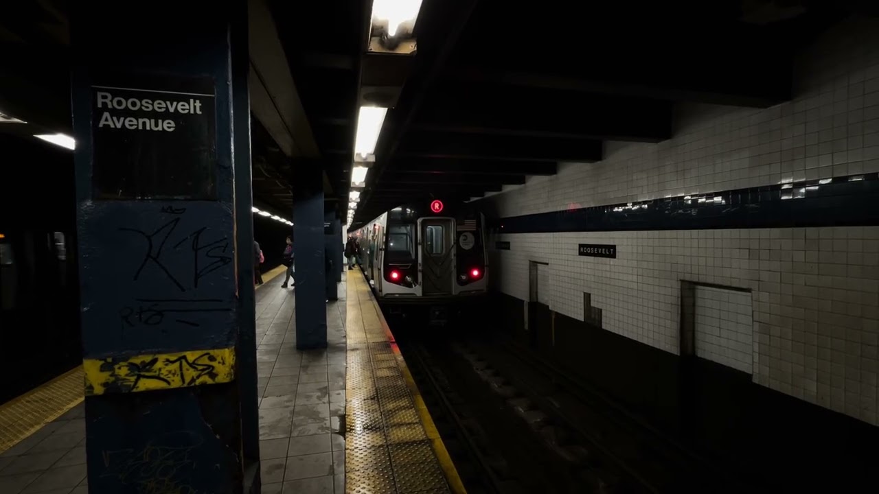 R160 Manhattan Bound (R) Local Train Entering And Leaving Jackson Heights-Roosevelt Avenue
