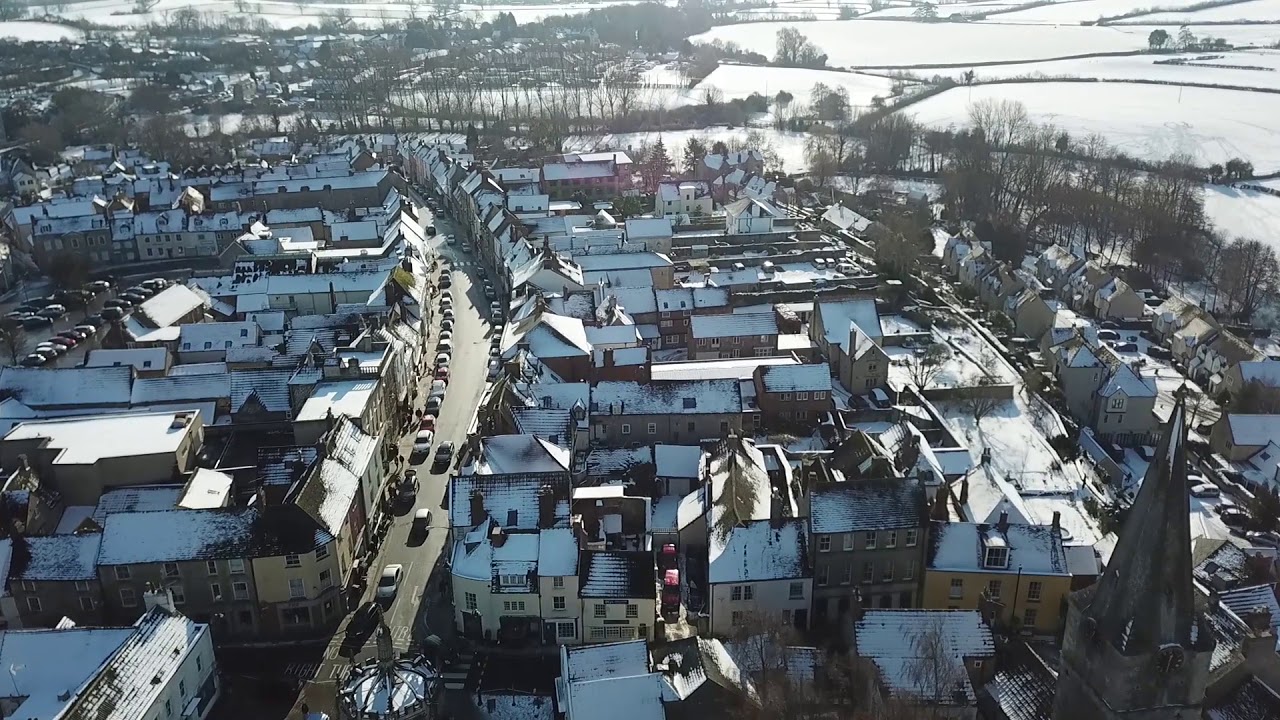 Aerial drone view of Malmesbury in the snow, February 2019.