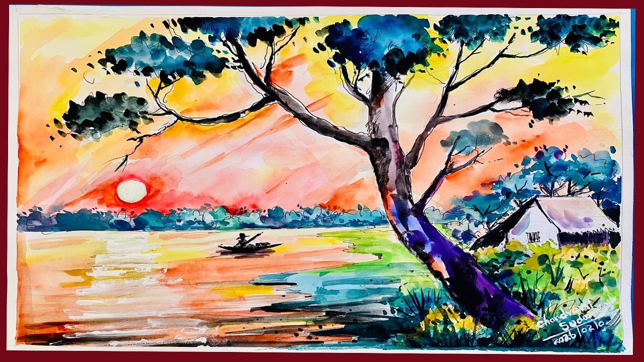 Let's enjoy the beauty of a sunset view near a lake. A watercolor painting