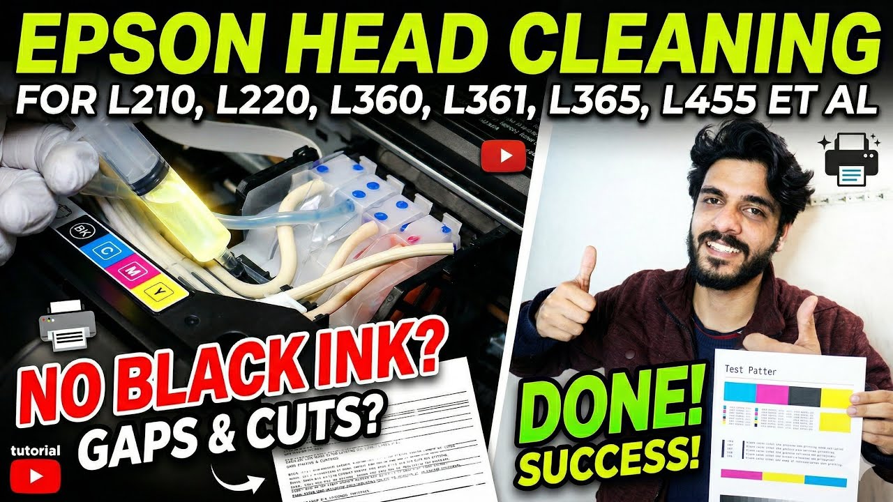 Head cleaning Epson  L210 L220,L360,L361,L365,L455 etc black color not printing problem cut printing