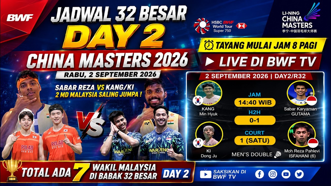 Jadwal China Master 2026 Day 2 Hari ini: SABAR REZA VS MD KOREA | Tayang Jam 8 Pagi LIVE BWFTV