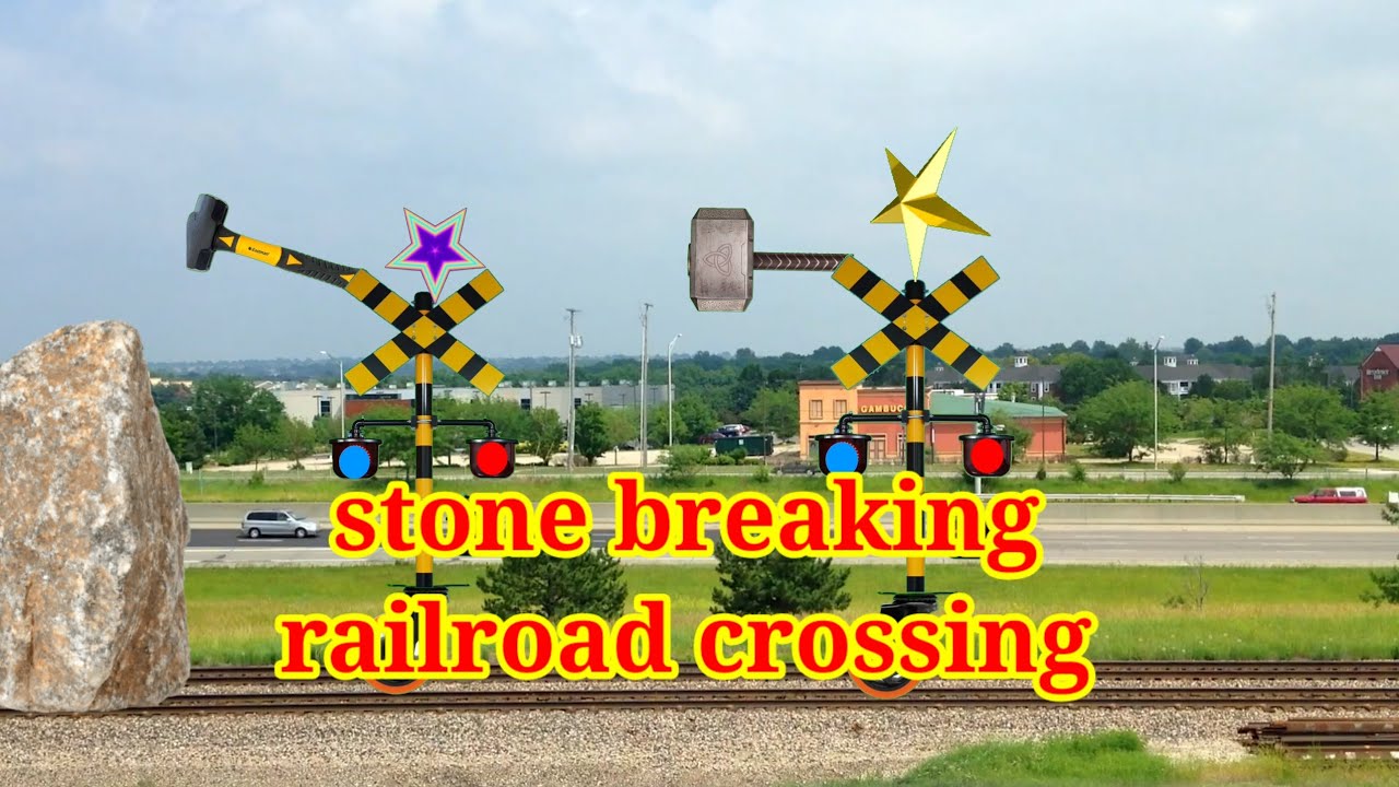 Beautiful railroad crossing signal. Stone breaking railroad crossing 