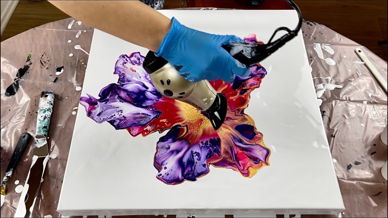 Gorgeous 💜 PURPLE Acrylic Pour 🌷Flower Using A New Blowdryer ~ Fluid Art | Abstract Art