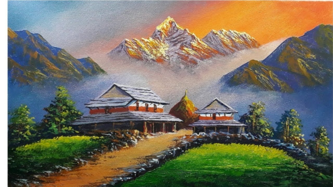 Nepali Mountain Landscape Acrylic Painting || BK ART Galllery