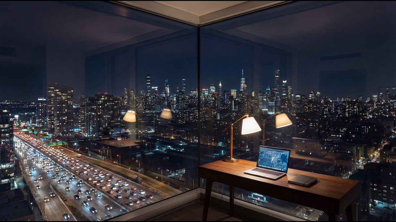 Late Night City Lights + Chill Jazz (4K) | High-Rise Window View for Studying & Working