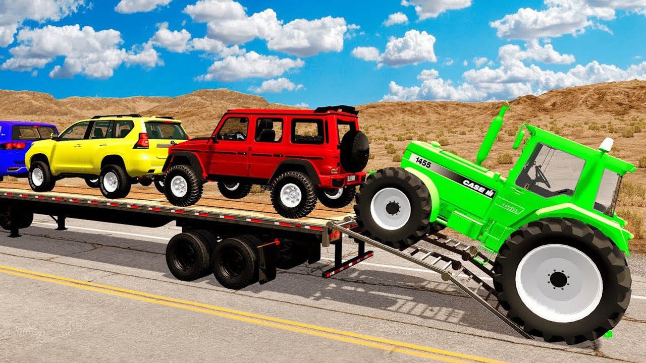 Flatbed Trailer Truck McQueen Cars Transportation with Truck, Truck vs Train #34- BeamNG Drive