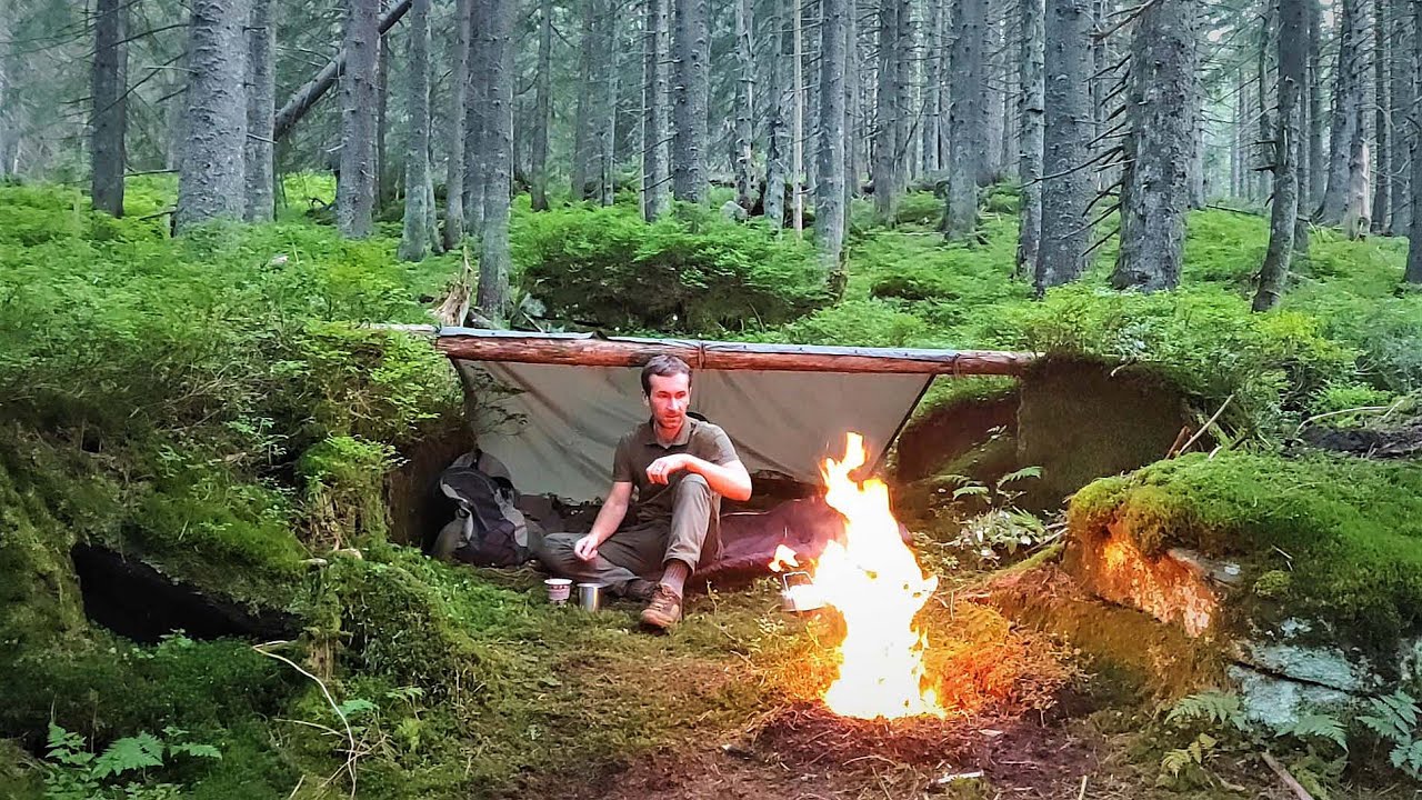 Survival in the Mountains, Catch and Cook, Bushcraft Camp, Overnight in Old-Growth Forest