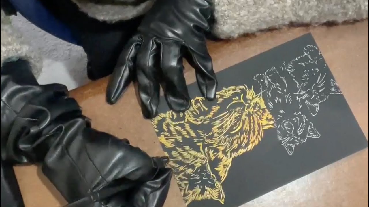 黒革手袋フェイクレザーグローブでラストスクラッチアート　Last scratch art with black leather gloves faux leather gloves　#259