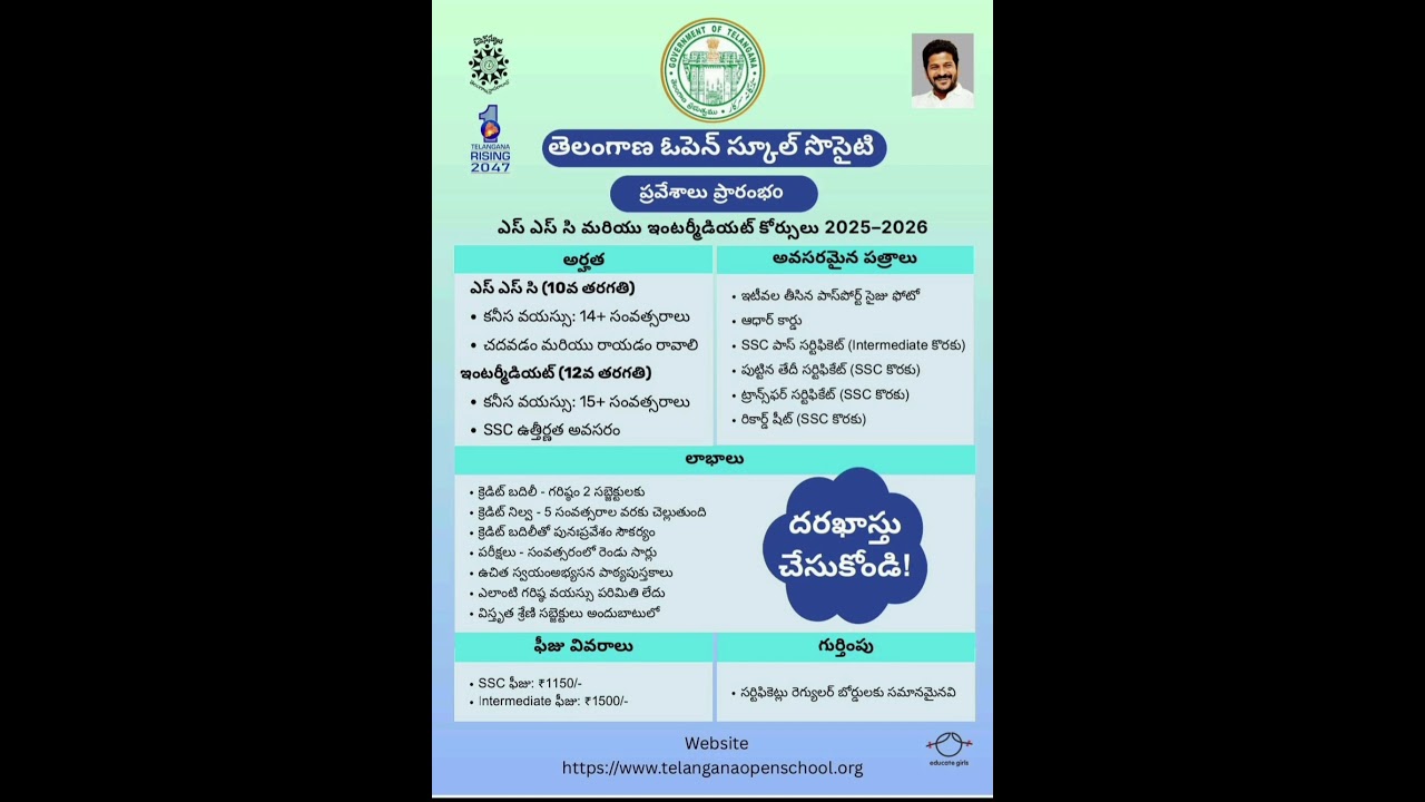 2025 Telangana Open School Admissions | SSC & Inter Details in Telugu