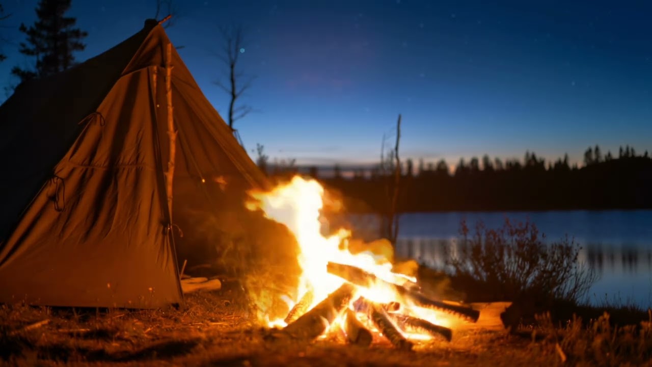 Campfire by the Lake at Night #campvideos  #firecamp #screensaver4k