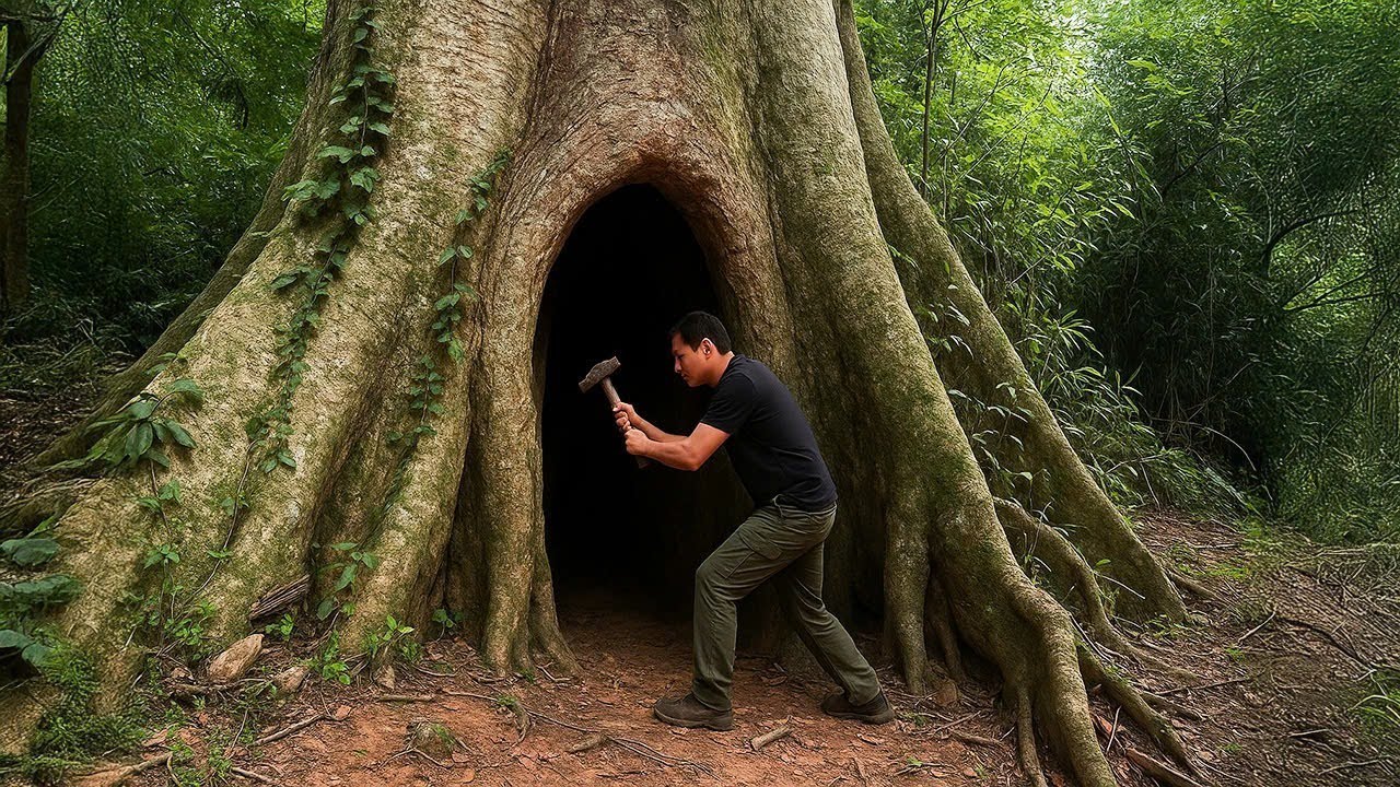 Building Complete and Warm Survival Shelter Inside a Giant Tree - Full Video