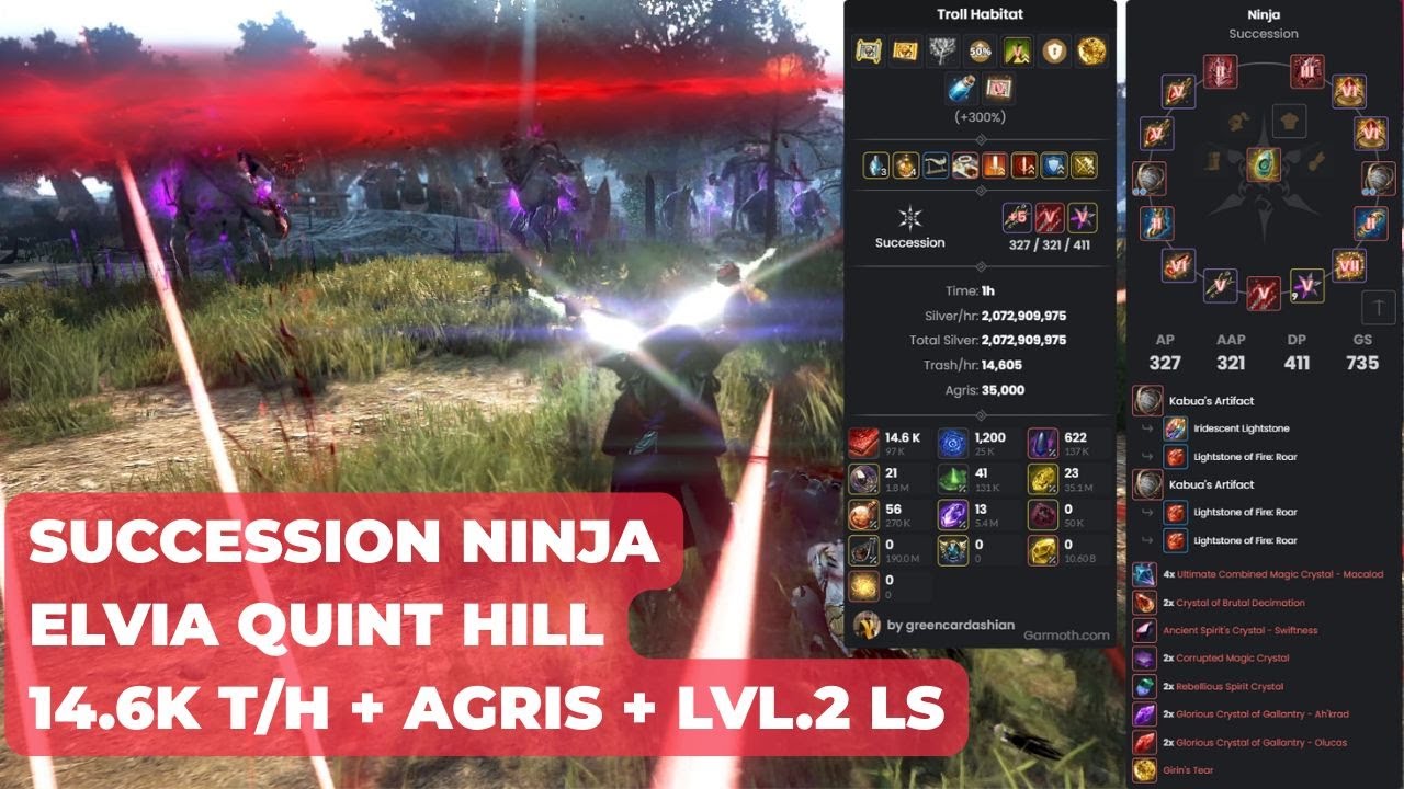 BDO | Succession Ninja | Elvia Quint Hill 327 AP | 14.6k/h | Lv2 + Agris + 2 Boss Buffs