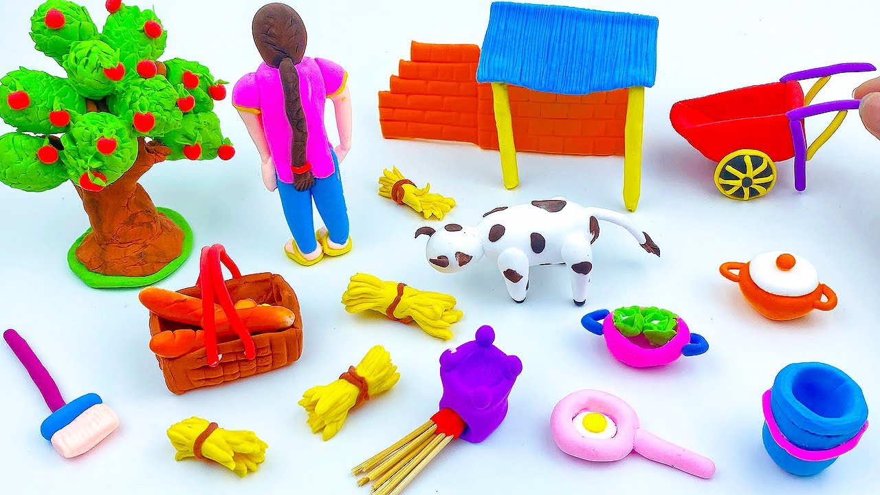 DIY How to make polymer clay miniature cow shed, kitchen |Village House DIY