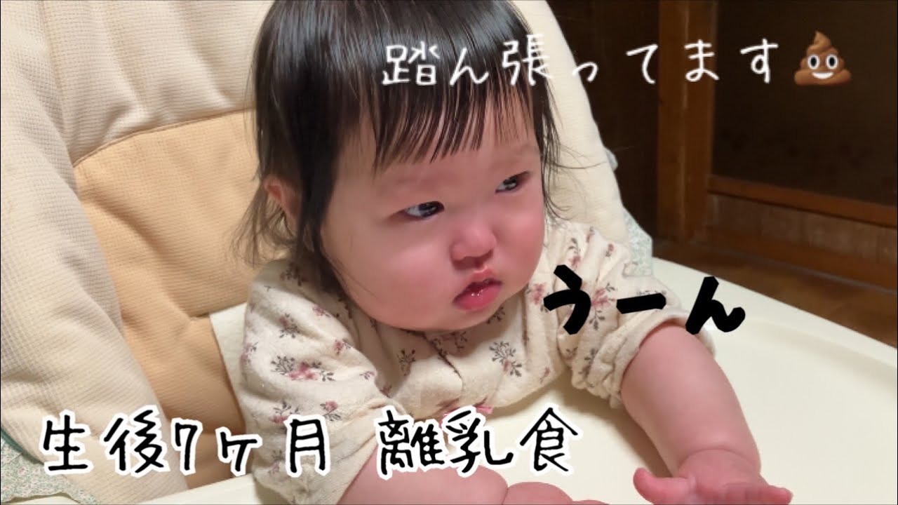 生後7ヶ月 離乳食を食べて最後に顔を赤くして踏ん張ります💩
