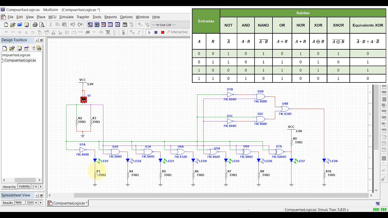 Compuertas lógicas (Parte 7) – Simulación en Multisim (NOT, AND, NAND, OR, NOR, XOR y XNOR)