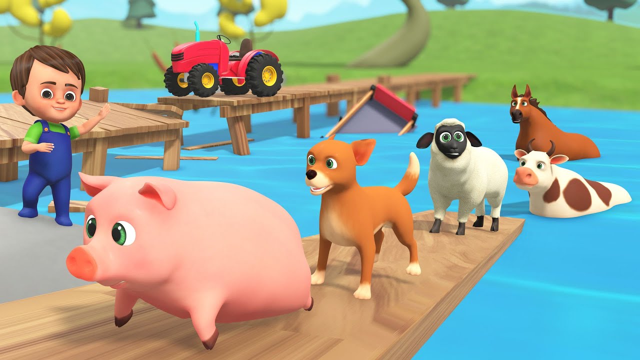 Baby Animal Rescue that Fell into the Water Pond From Tractor Toy - Farm Animal Sounds