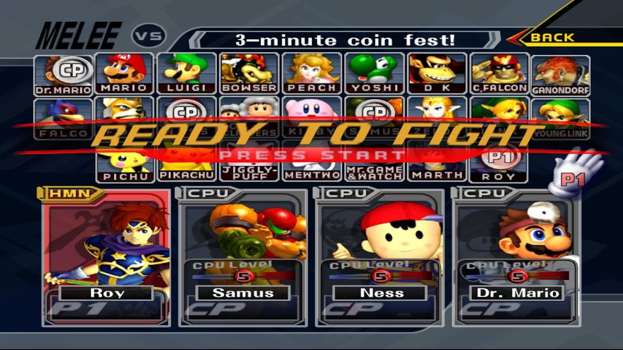 Roy VS Samus VS Ness VS Dr Mario | 3 Min Coin | Super Smash Bros Melee Fight 78