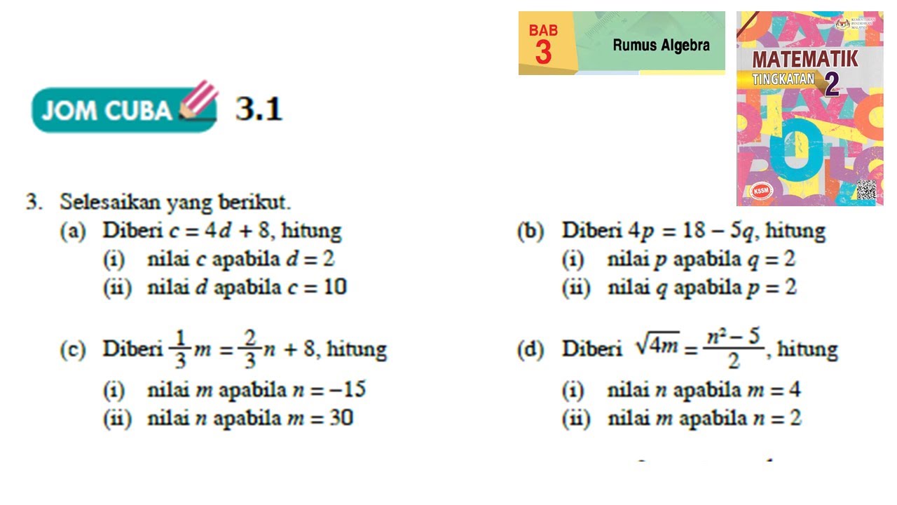 KSSM Matematik Tingkatan 2 Bab 3 rumus algebra jom cuba 3.1 no3 a-d buku teks form2
