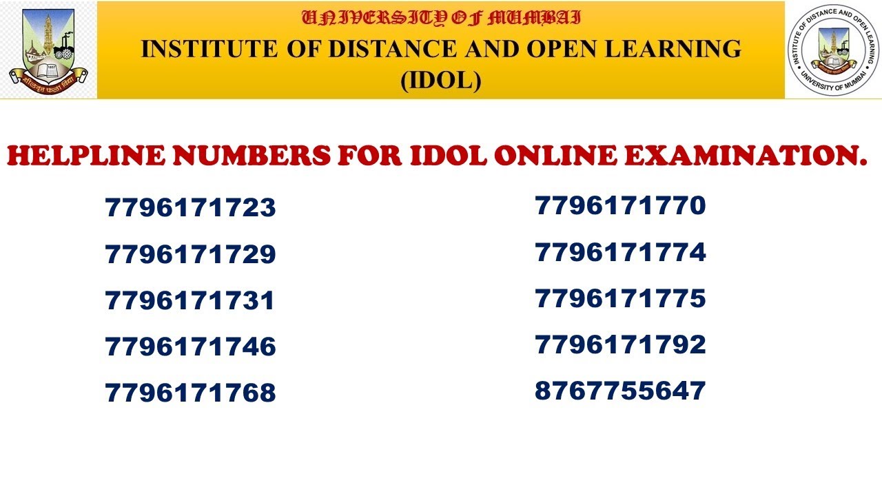 HELPLINE NUMBERS FOR IDOL ONLINE EXAMINATION- MAR.-APRIL 2022
