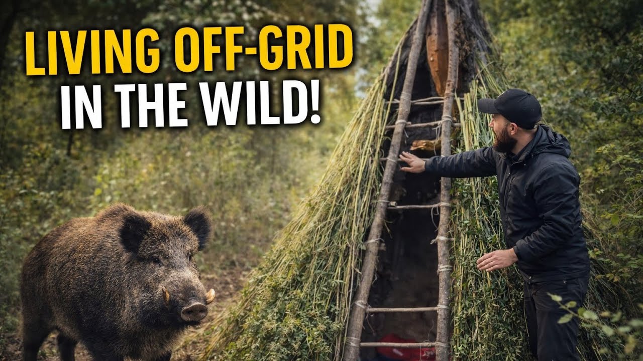 Living Off Grind in Cozy Bushcraft Shelter #Bushcraft #solocamping